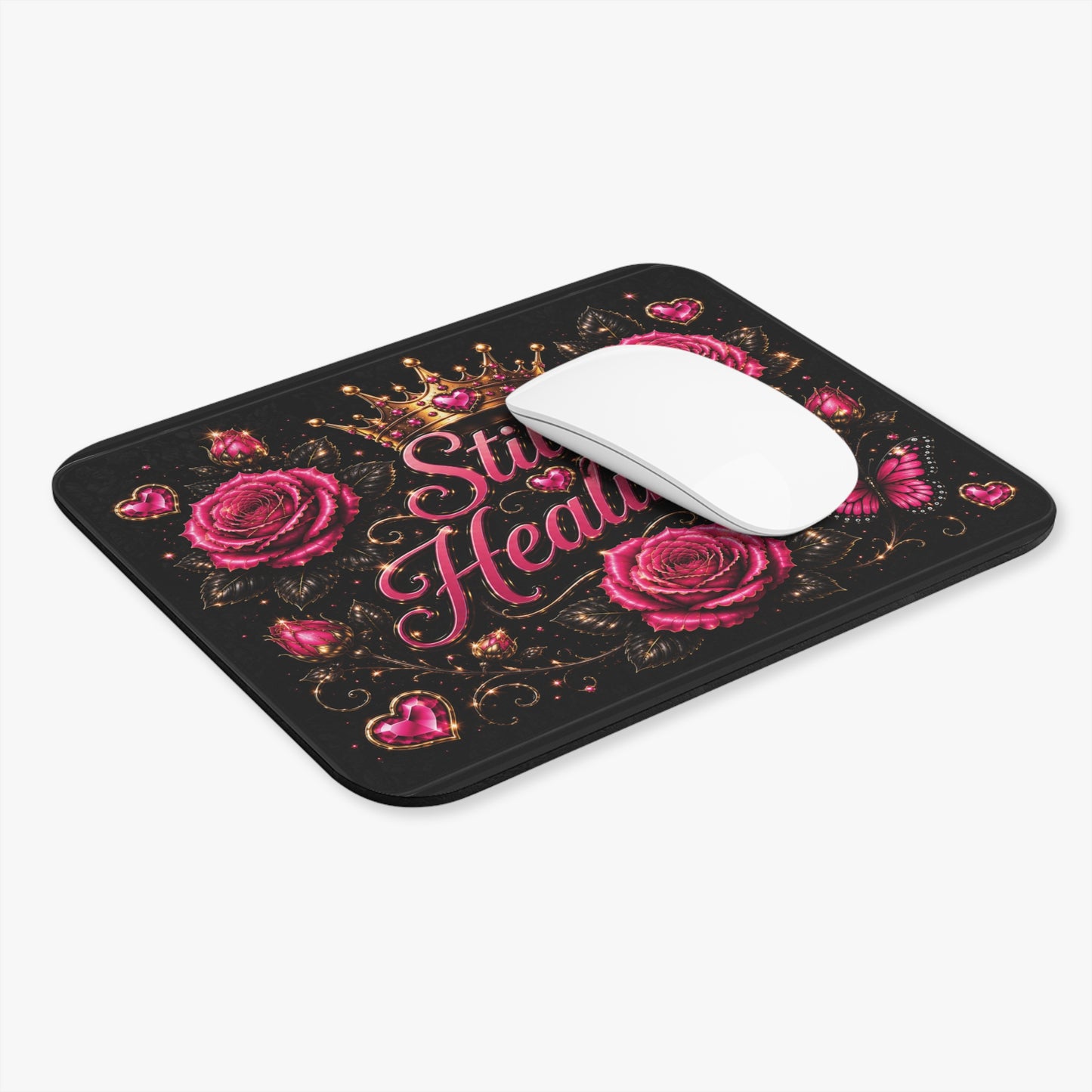 Still Healing Mouse Pad — Pink Roses, Crown & Butterfly Desk Mat