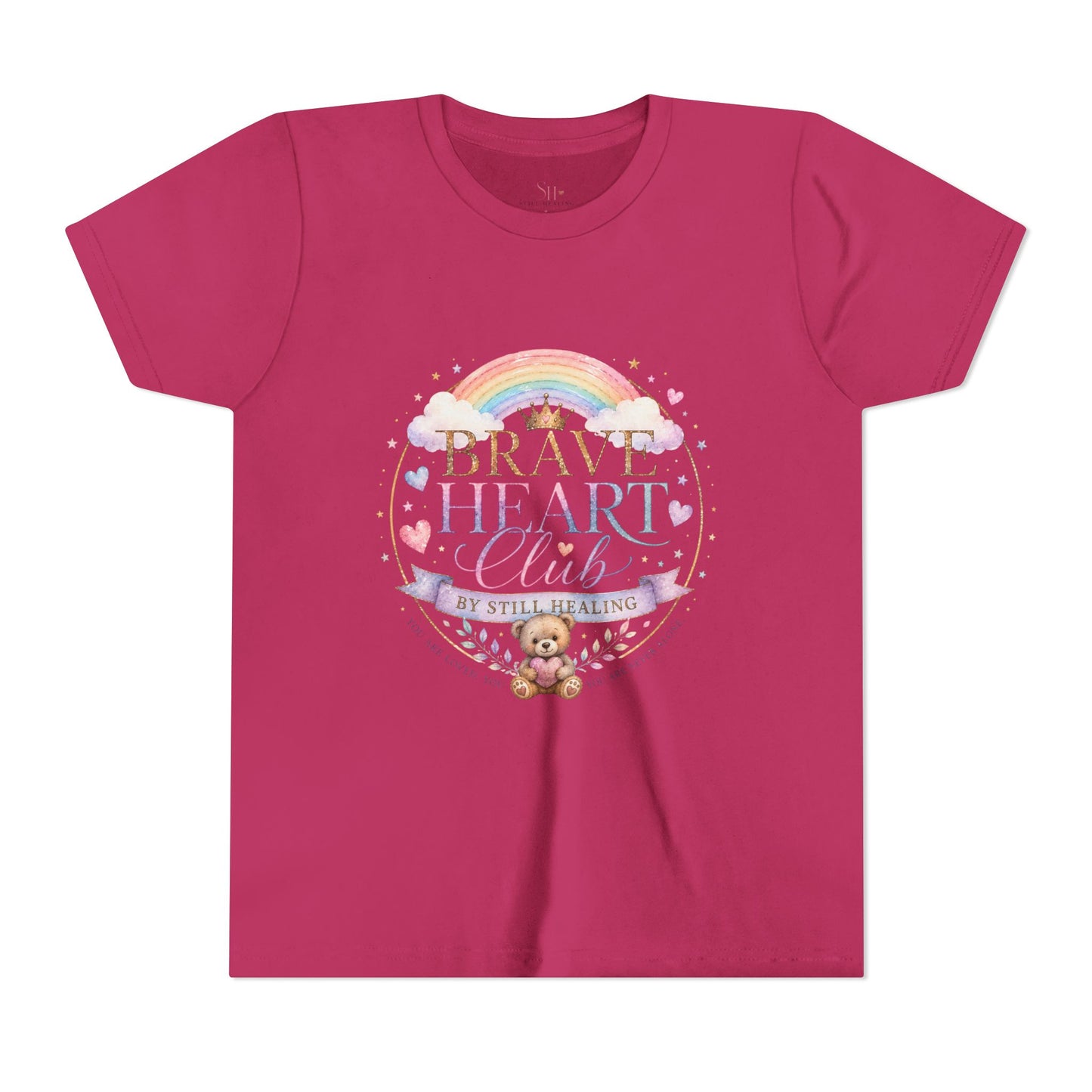 Brave Heart Club Youth Tee — Pastel Rainbow & Teddy Kids Shirt (“Brave Heart Club” Design)
