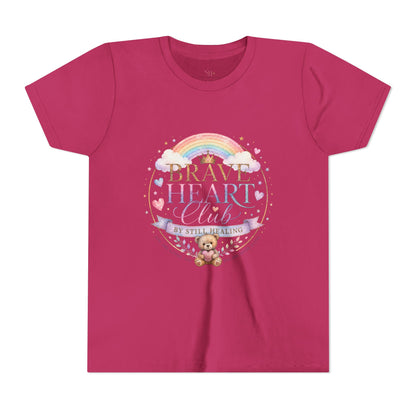 Brave Heart Club Youth Tee — Pastel Rainbow & Teddy Kids Shirt (“Brave Heart Club” Design)