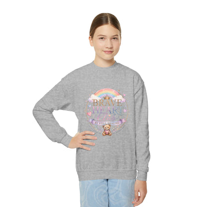 Brave Heart Club Youth Crewneck Sweatshirt — Rainbow Teddy Cancer Awareness