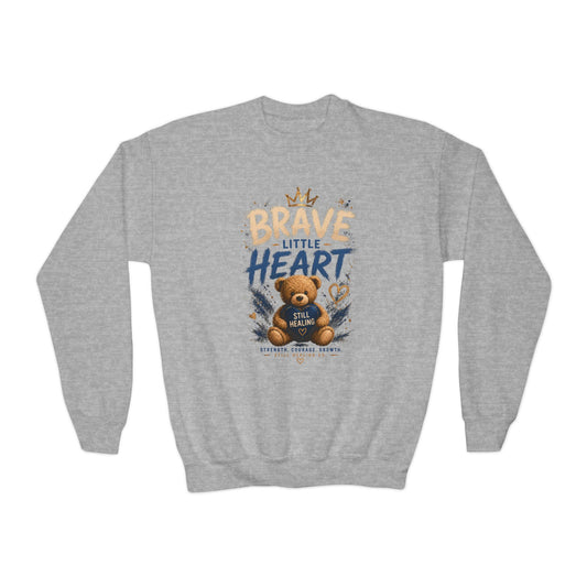 Youth Crewneck Sweatshirt - 'Brave Little Heart' Teddy Bear Kids Pullover