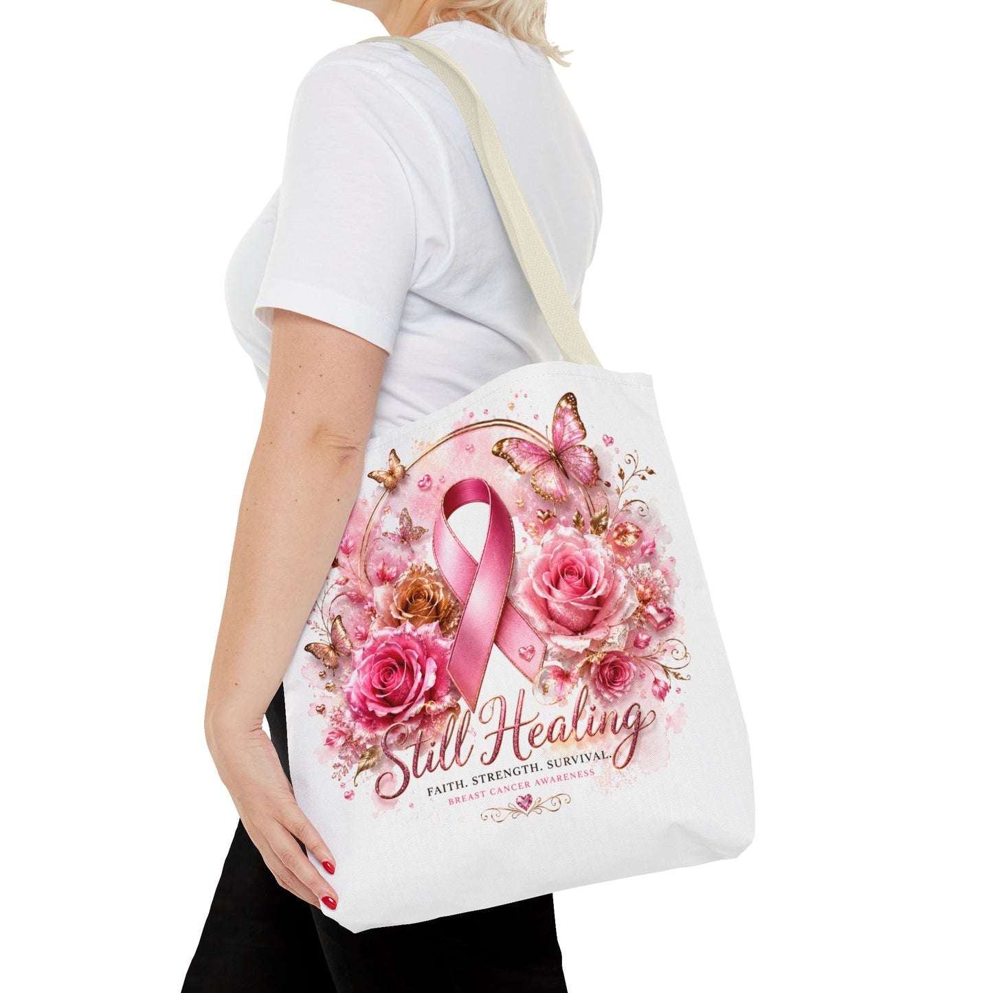 Breast Cancer Support Tote — "Still Healing" Pink Ribbon Floral Bag