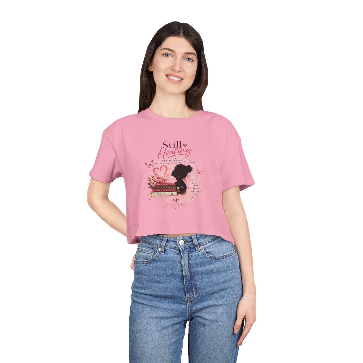 Crop Tee — 'Still Healing' Pink Floral Breast Cancer Awareness Top
