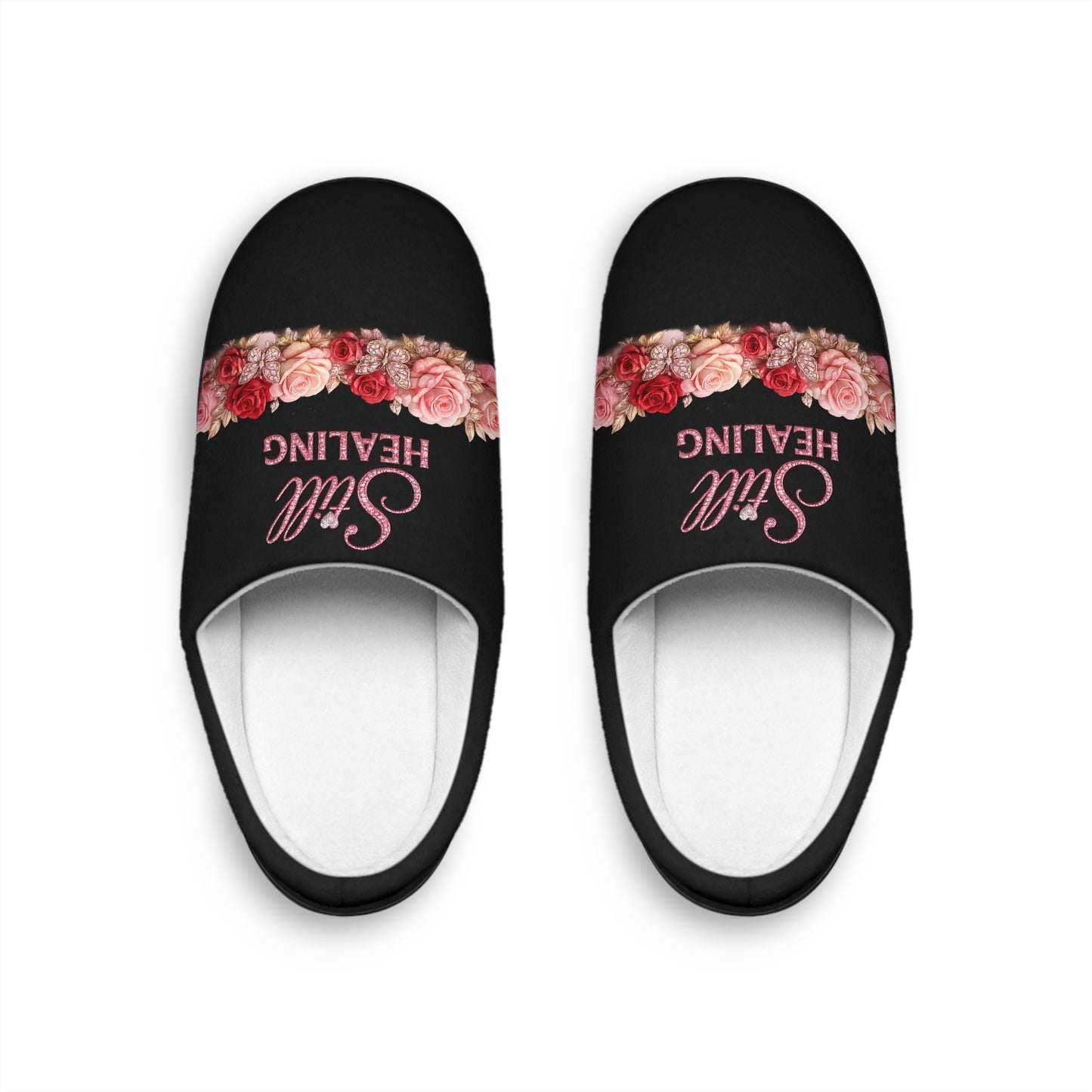 Slip-On Indoor Slippers — Soft Black Floral “Still Healing” Comfort Slides for Women
