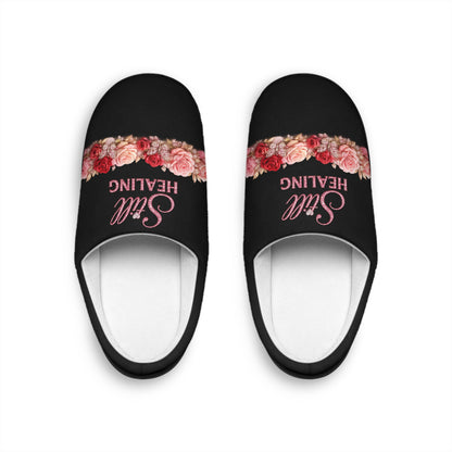Slip-On Indoor Slippers — Soft Black Floral “Still Healing” Comfort Slides for Women