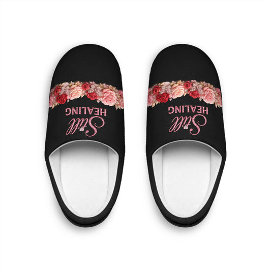 Slip-On Indoor Slippers — Soft Black Floral “Still Healing” Comfort Slides for Women