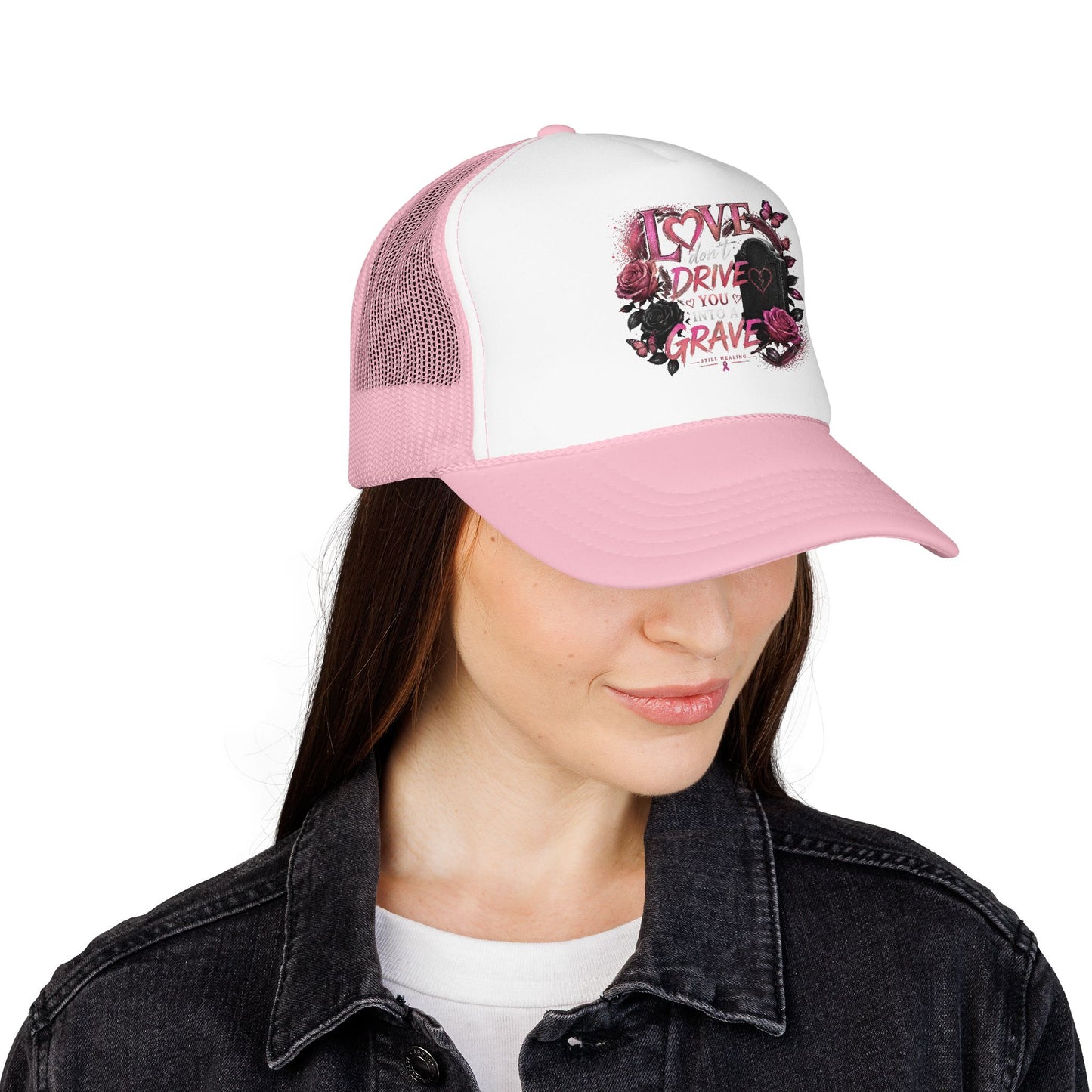 Trucker Hat — "I Love You Don't Drive Me to a Grave" Pink Gothic Heart Design