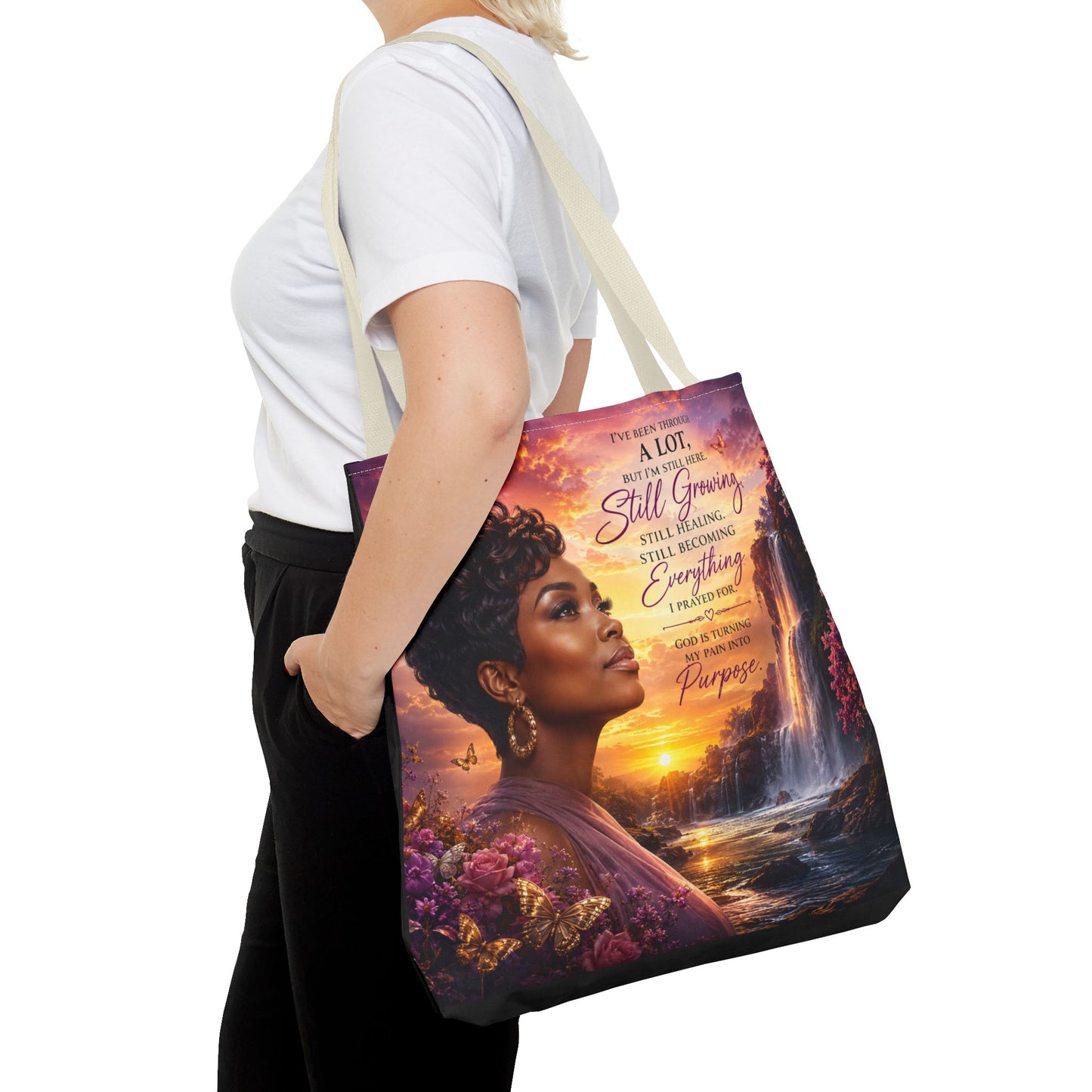 Inspirational 'Still Growing' Tote Bag — Empowering Women's Portrait Beach Sunset Design