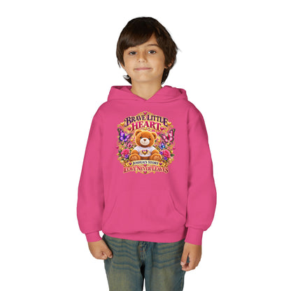 Brave Little Heart Youth Hoodie – Personalized Teddy Bear 'Love Never Leaves' Kids Sweatshirt
