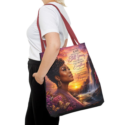 Inspirational 'Still Growing' Tote Bag — Empowering Women's Portrait Beach Sunset Design