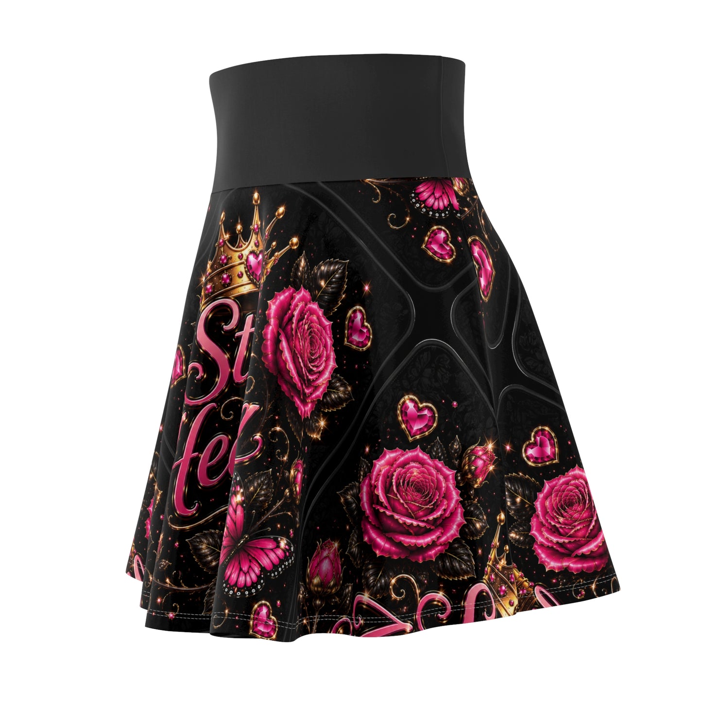 Still Healing Skater Skirt — Pink Roses, Crown & Butterfly Floral AOP