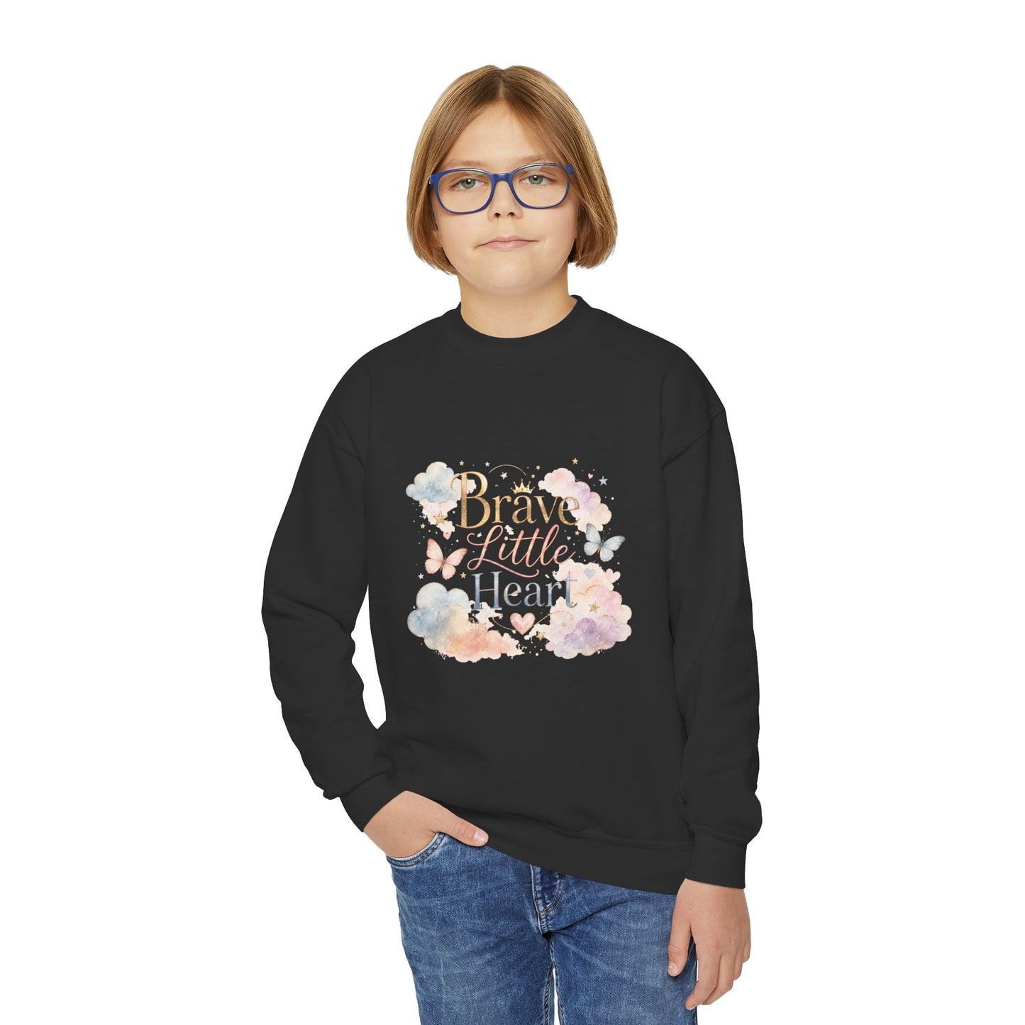 Youth Sweatshirt — "Brave Little Heart" Watercolor Butterfly Crewneck