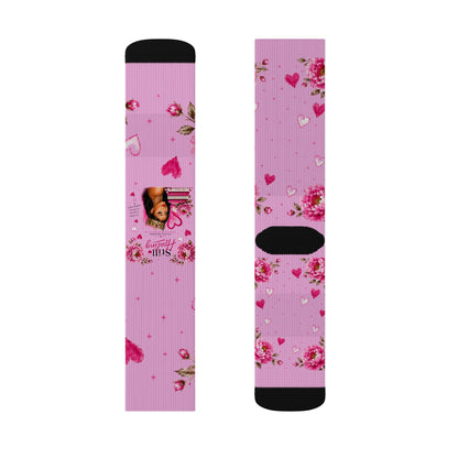 Pink Floral Heart Sublimation Socks — Romantic Valentine's Day Crew Socks