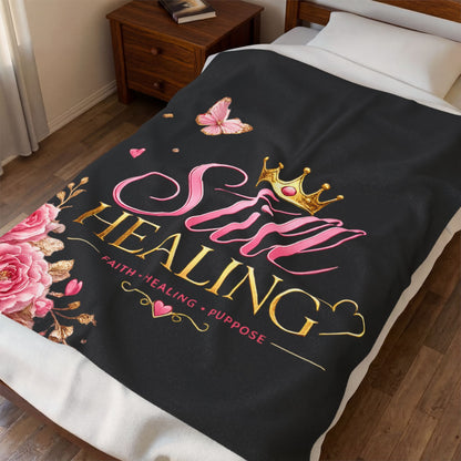 Still Healing Plush Blanket — Inspirational Faith Healing Throw with Crown & Roses