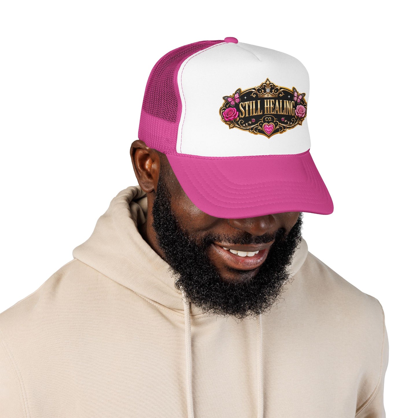 Still Healing Trucker Hat — Floral Vintage Patch Foam Cap