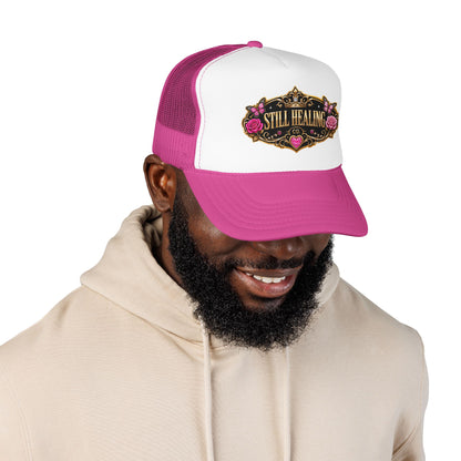 Still Healing Trucker Hat — Floral Vintage Patch Foam Cap