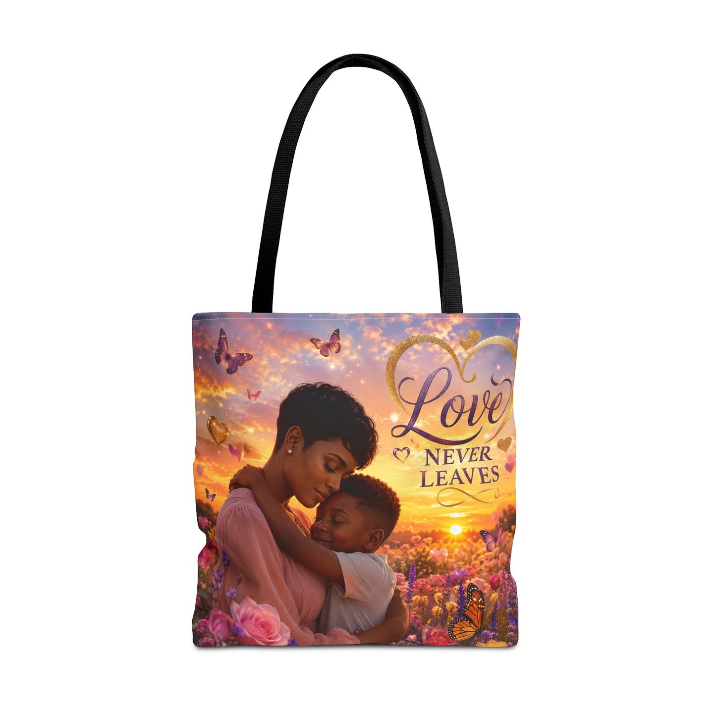 Love Never Leaves Tote Bag — Mother & Child Floral Sunset AOP Tote
