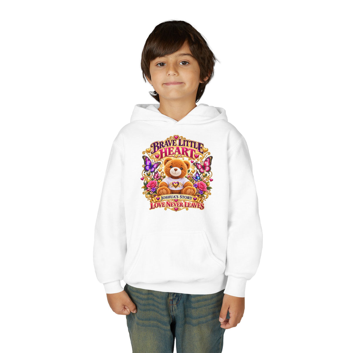 Brave Little Heart Youth Hoodie – Personalized Teddy Bear 'Love Never Leaves' Kids Sweatshirt