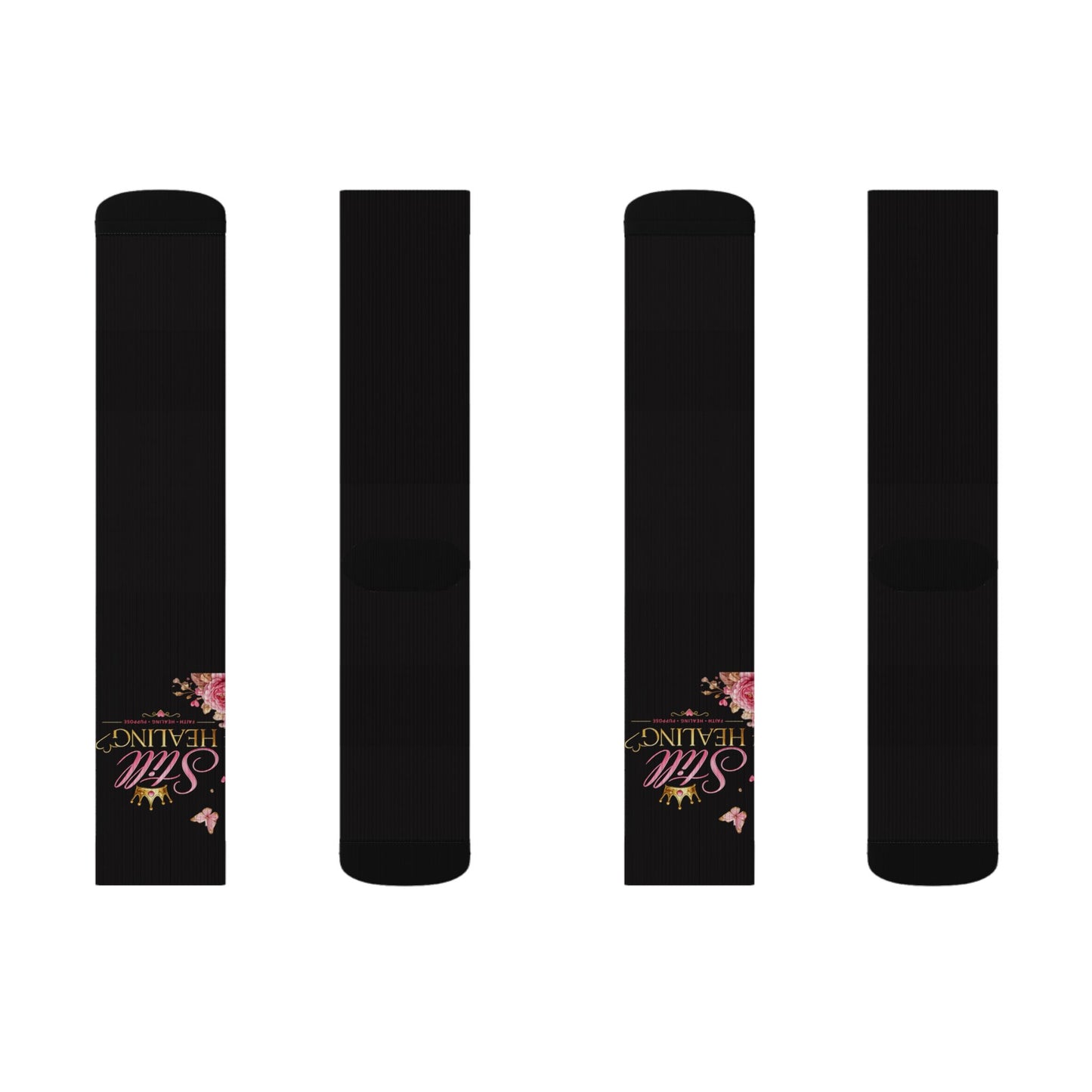 Black Sublimation Socks with Pink Floral “Still Healing” Script — Comfort Crew Socks for Self-Care & Gifts