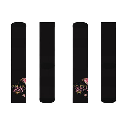 Black Sublimation Socks with Pink Floral “Still Healing” Script — Comfort Crew Socks for Self-Care & Gifts