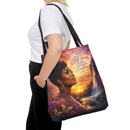 Inspirational 'Still Growing' Tote Bag — Empowering Women's Portrait Beach Sunset Design