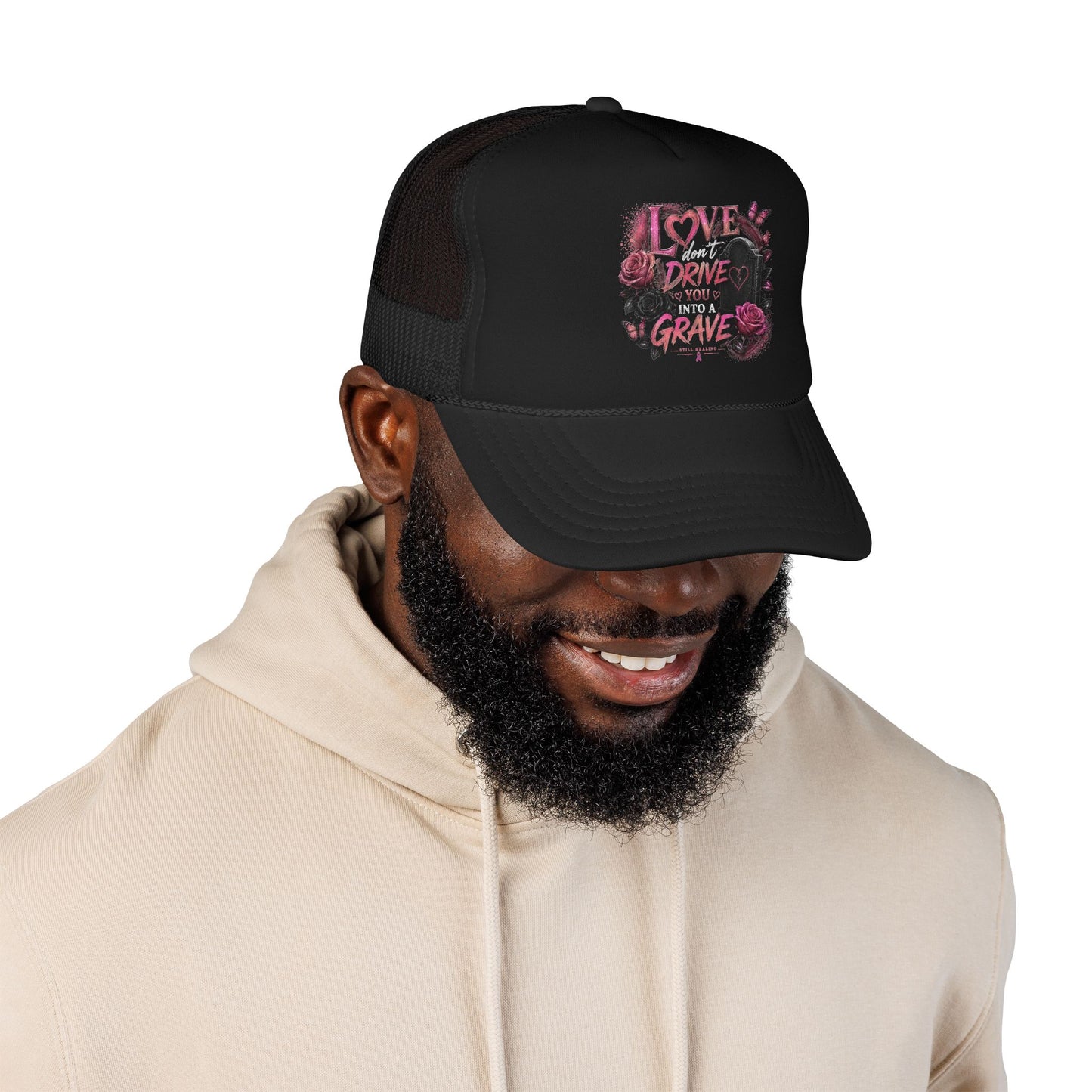 Trucker Hat — "I Love You Don't Drive Me to a Grave" Pink Gothic Heart Design