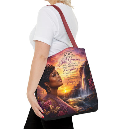 Inspirational 'Still Growing' Tote Bag — Empowering Women's Portrait Beach Sunset Design