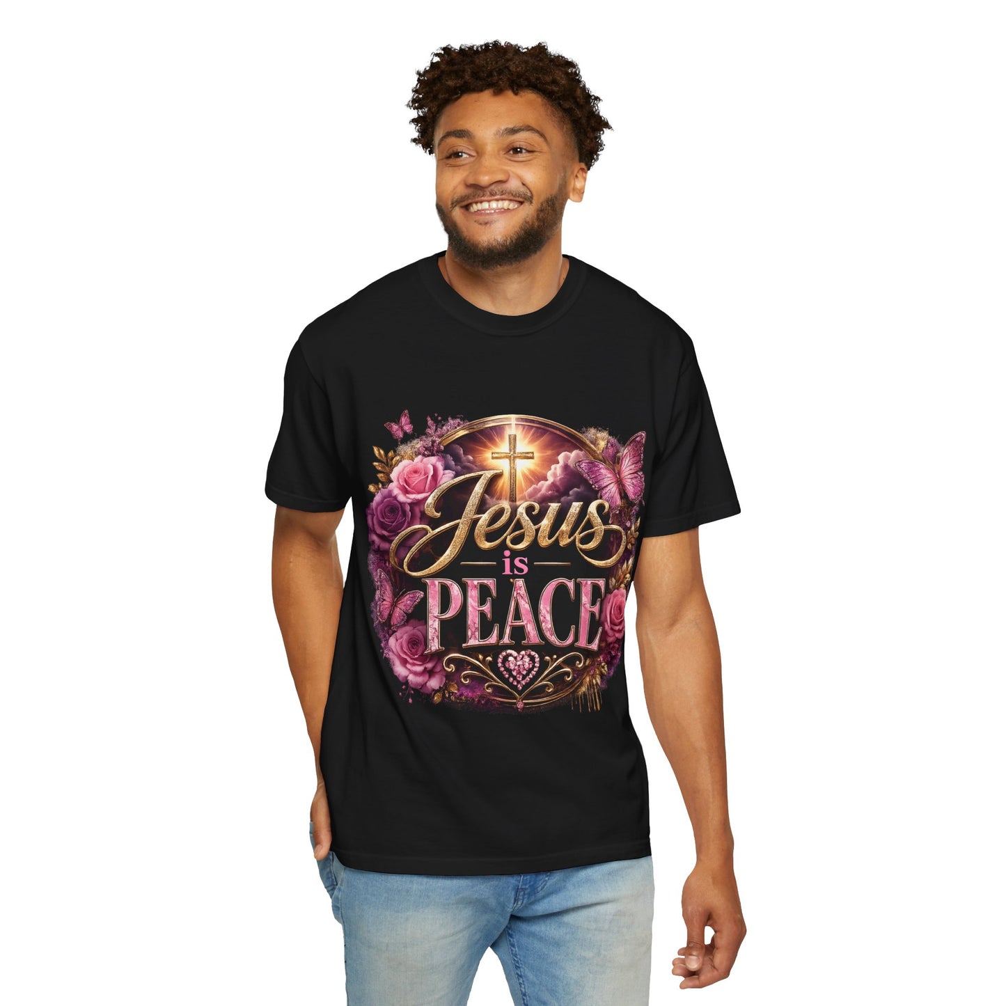 Christian T-Shirt — "Jesus is Peace" Floral Cross Tee
