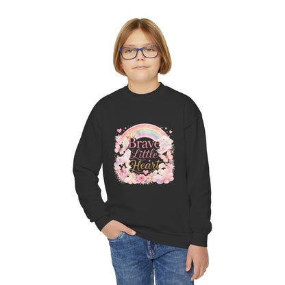 Youth Sweatshirt – "Brave Little Heart" Rainbow Floral Crewneck