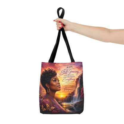 Inspirational 'Still Growing' Tote Bag — Empowering Women's Portrait Beach Sunset Design