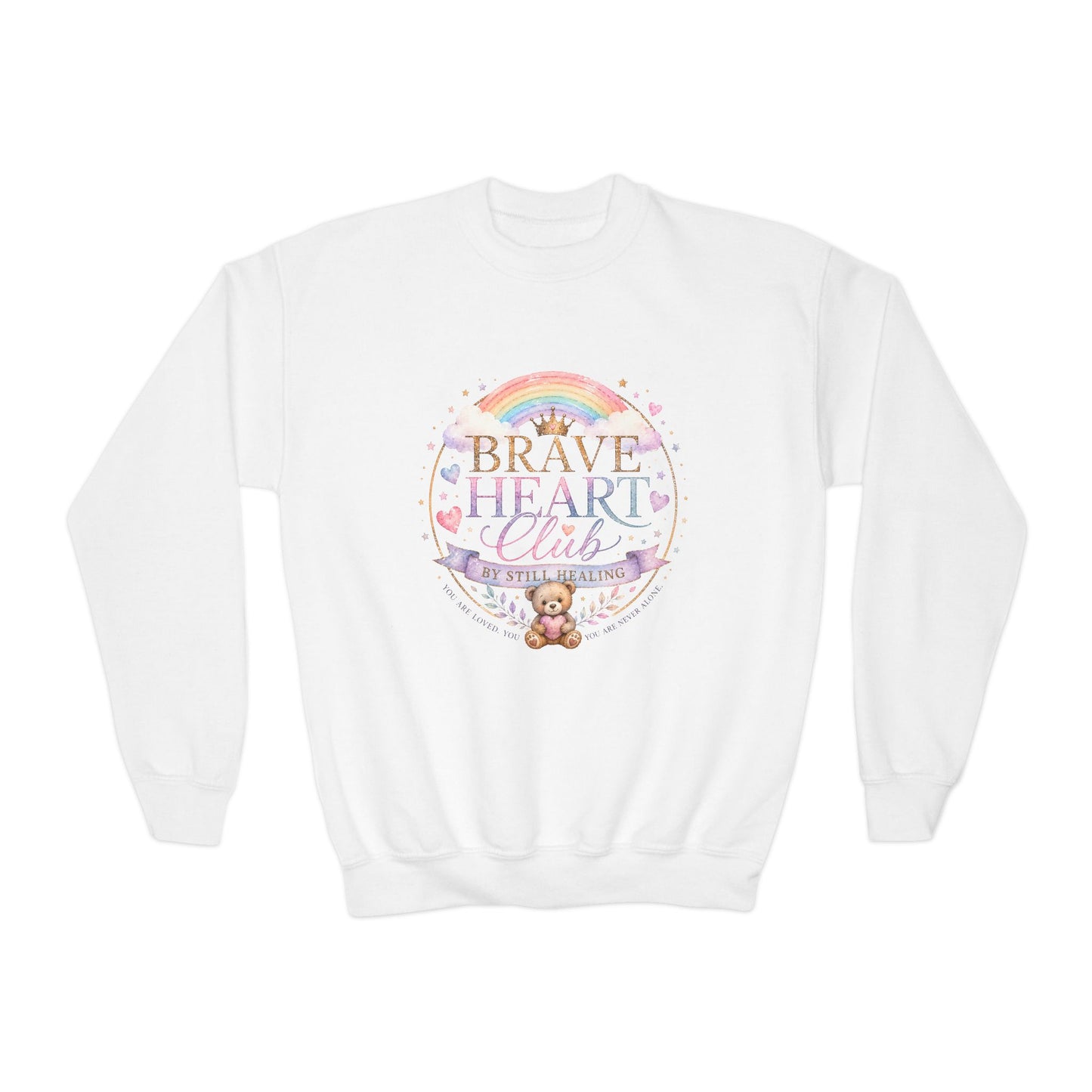 Brave Heart Club Youth Crewneck Sweatshirt — Rainbow Teddy Cancer Awareness