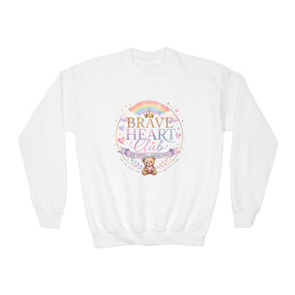 Brave Heart Club Youth Crewneck Sweatshirt — Rainbow Teddy Cancer Awareness