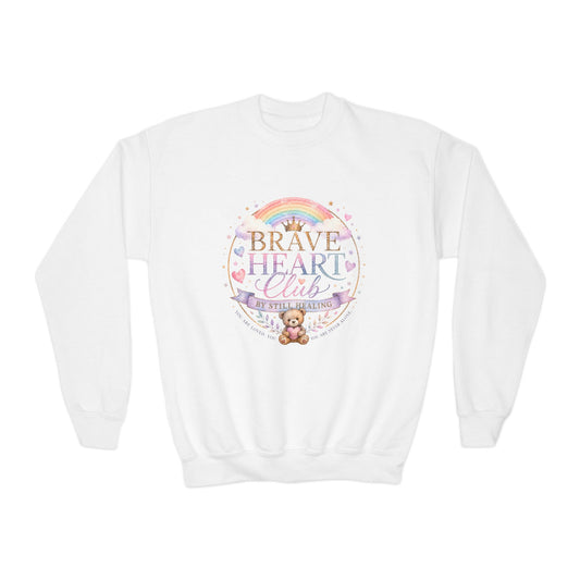 Brave Heart Club Youth Crewneck Sweatshirt — Rainbow Teddy Cancer Awareness