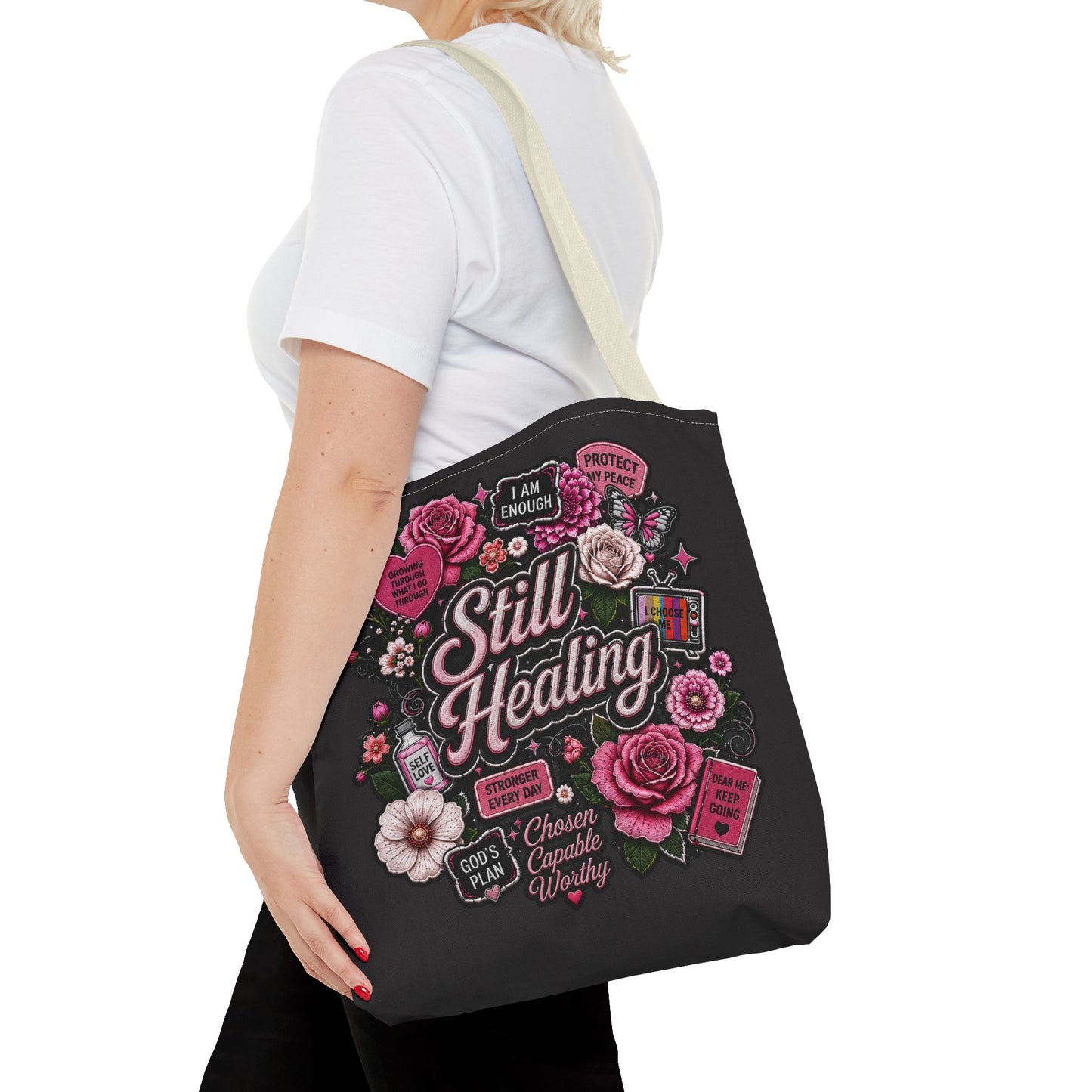 Still Healing Floral Tote Bag — Inspirational Recovery Messenger Tote