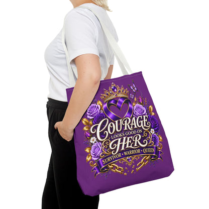 Purple "Courage Looks Good on Her" Survivor Tote Bag — Breast Cancer Awareness, Warrior Queen Gift