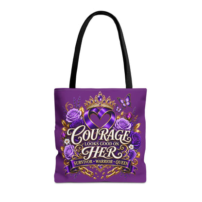 Purple "Courage Looks Good on Her" Survivor Tote Bag — Breast Cancer Awareness, Warrior Queen Gift
