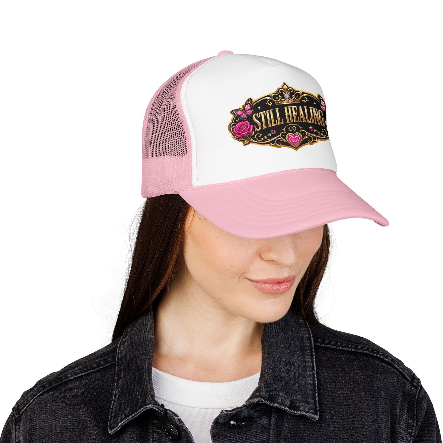 Still Healing Trucker Hat — Floral Vintage Patch Foam Cap