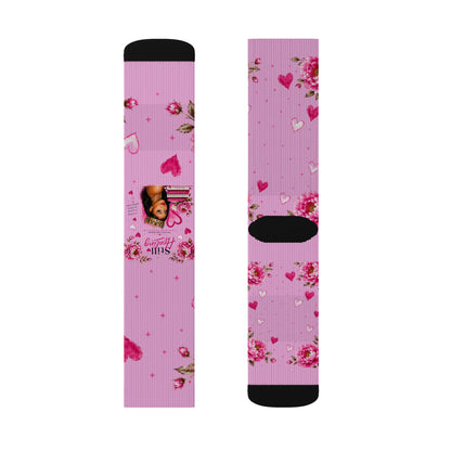 Pink Floral Heart Sublimation Socks — Romantic Valentine's Day Crew Socks