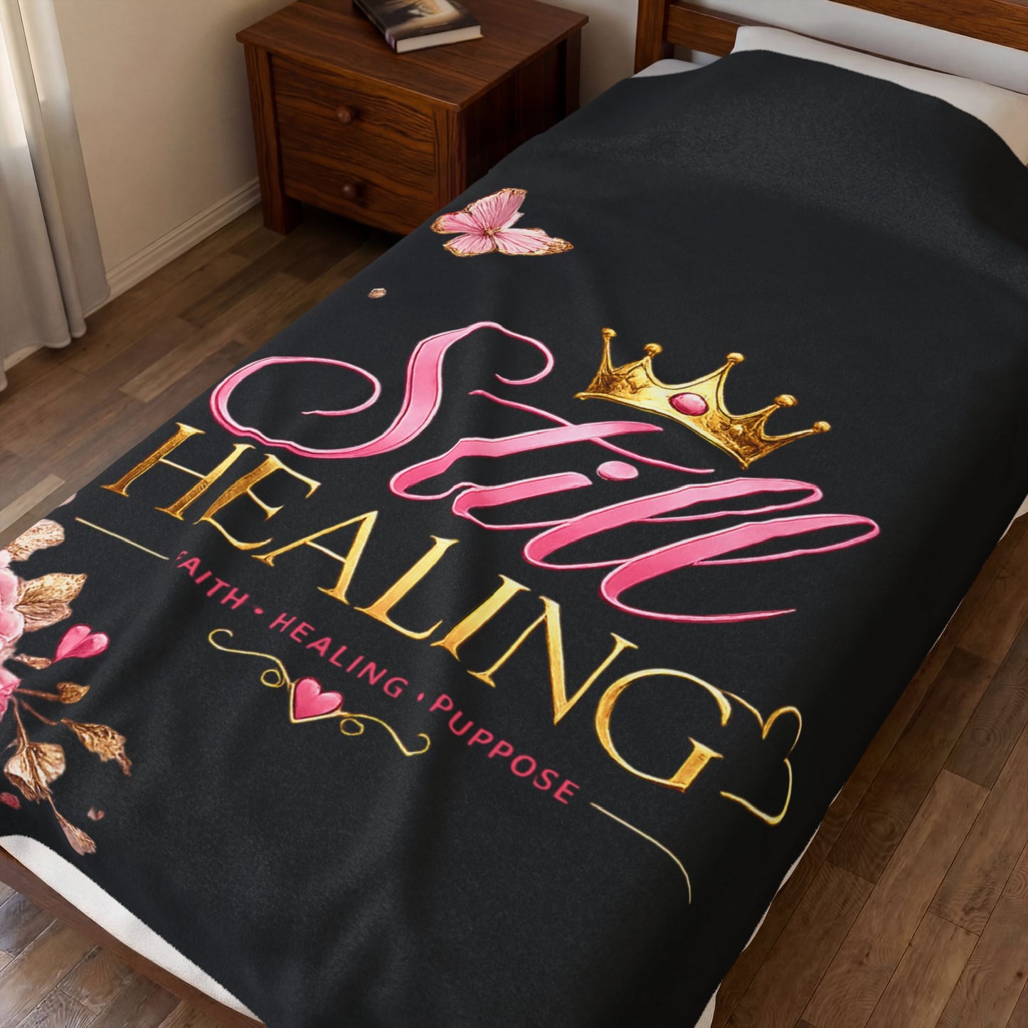 Still Healing Plush Blanket — Inspirational Faith Healing Throw with Crown & Roses