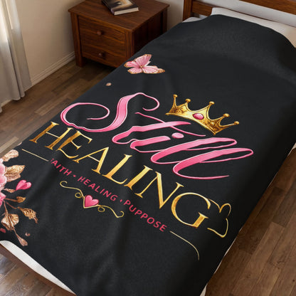 Still Healing Plush Blanket — Inspirational Faith Healing Throw with Crown & Roses
