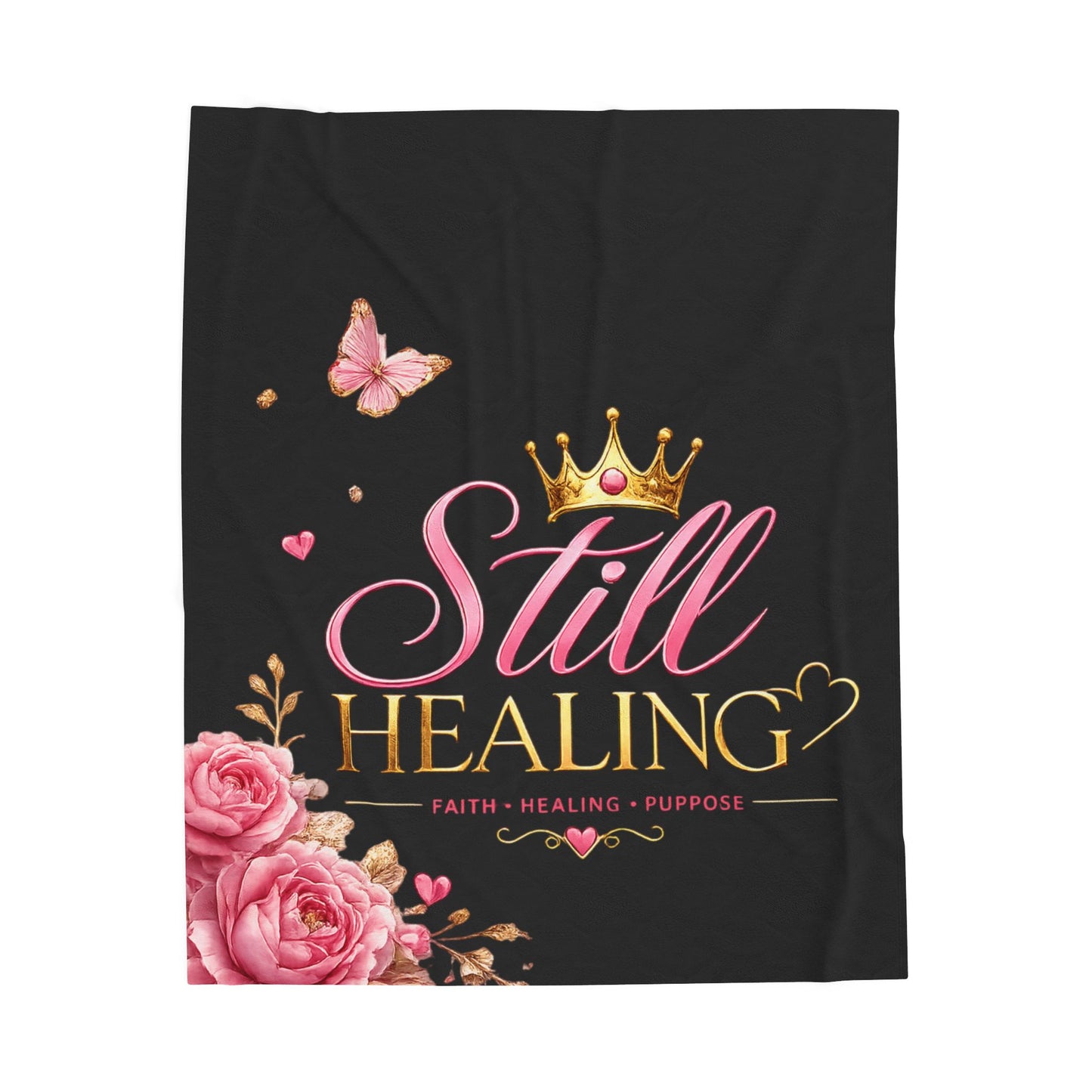 Still Healing Plush Blanket — Inspirational Faith Healing Throw with Crown & Roses