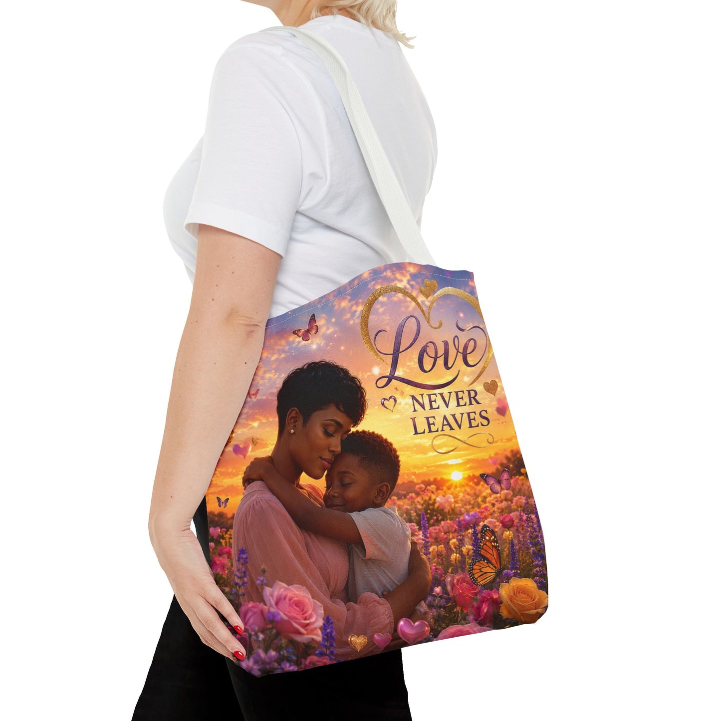 Love Never Leaves Tote Bag — Mother & Child Floral Sunset AOP Tote