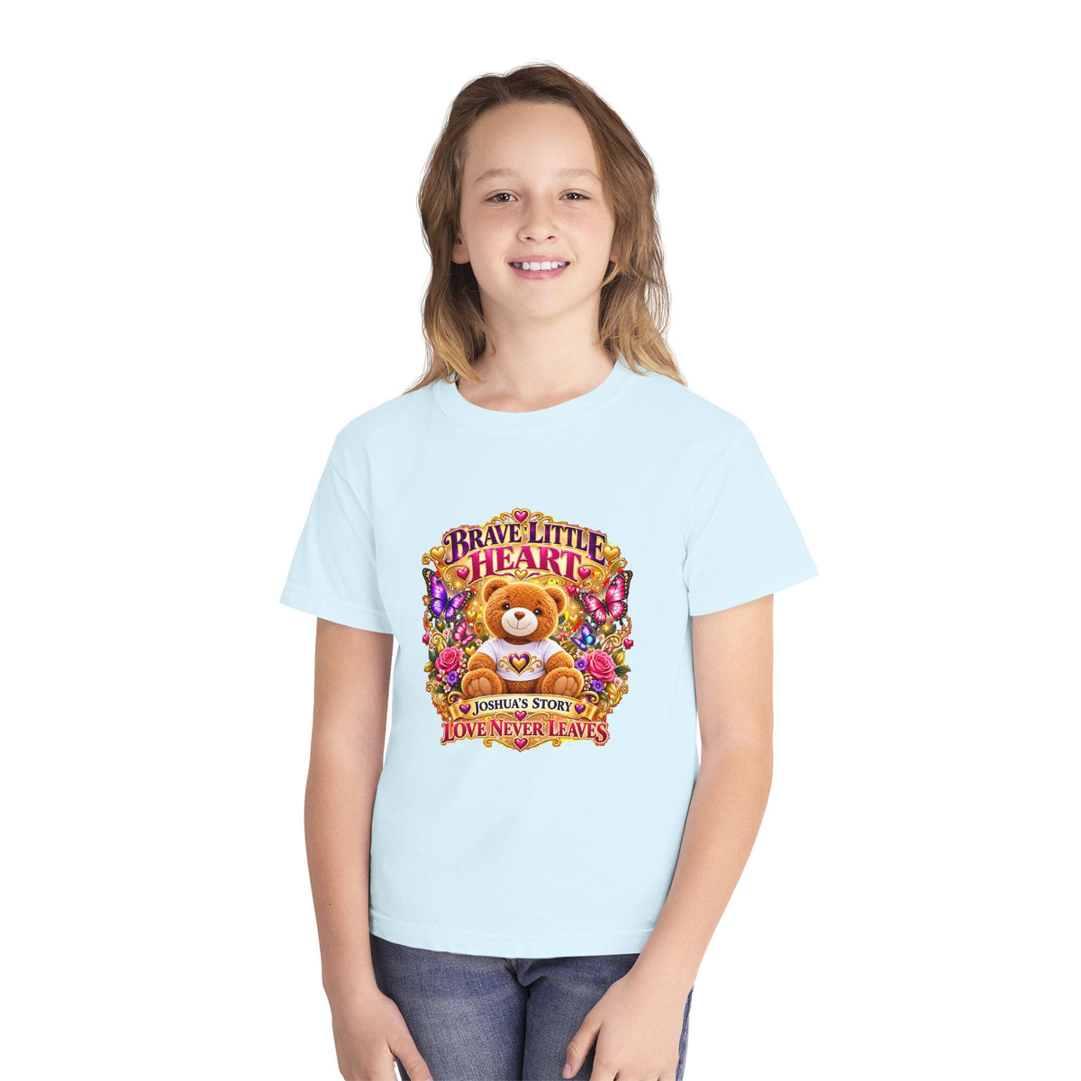 Youth Tee — "Brave Little Heart" Teddy Bear Floral Comfort Shirt