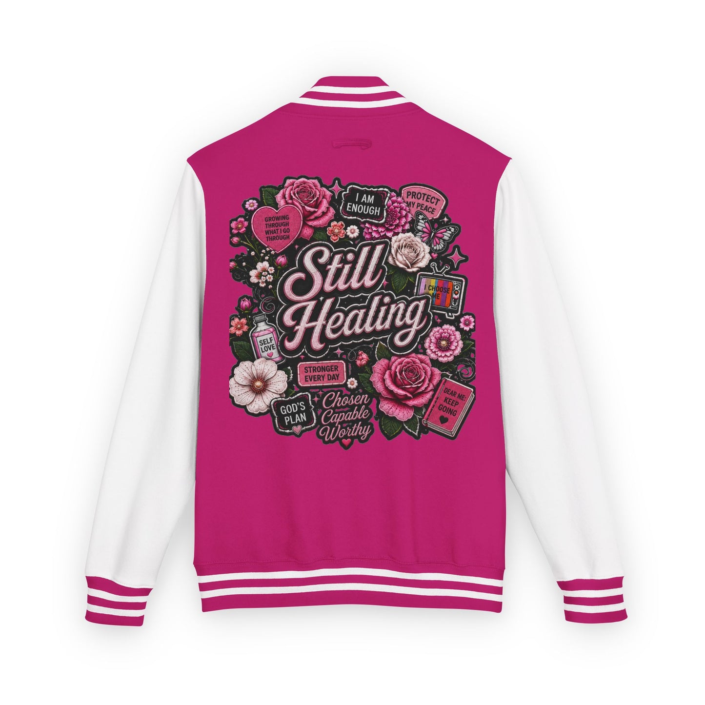 Still Healing Letterman Jacket — Pink Floral Varsity Jacket