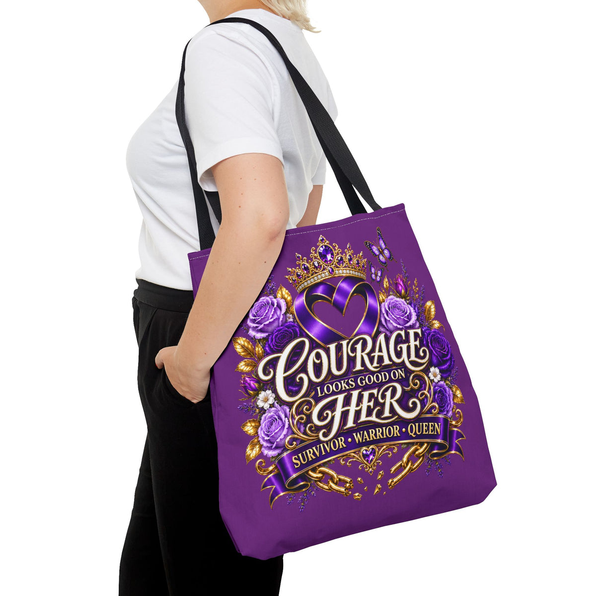 Purple "Courage Looks Good on Her" Survivor Tote Bag — Breast Cancer Awareness, Warrior Queen Gift