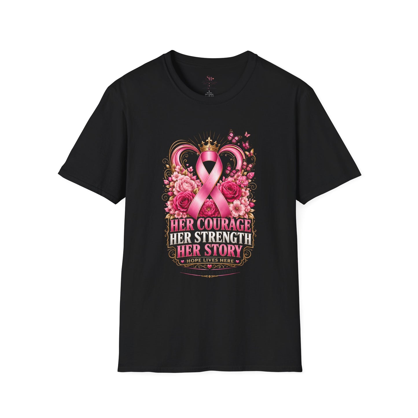 Breast Cancer Awareness T-Shirt — Her Courage Her Strength Her Story Pink Ribbon Design