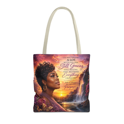 Inspirational 'Still Growing' Tote Bag — Empowering Women's Portrait Beach Sunset Design