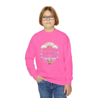 Brave Heart Club Youth Crewneck Sweatshirt — Rainbow Teddy Cancer Awareness