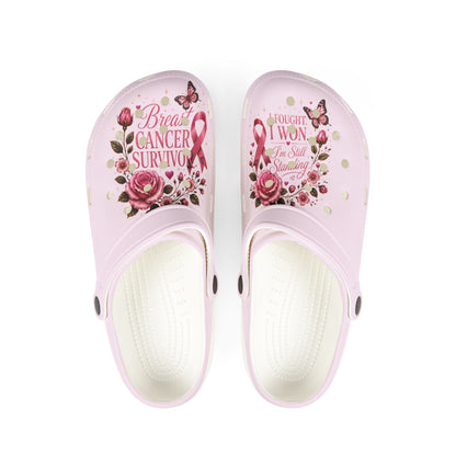 Pink Breast Cancer Survivor Clog - "I Fought I Won" Floral Ribbon EVA Shoes
