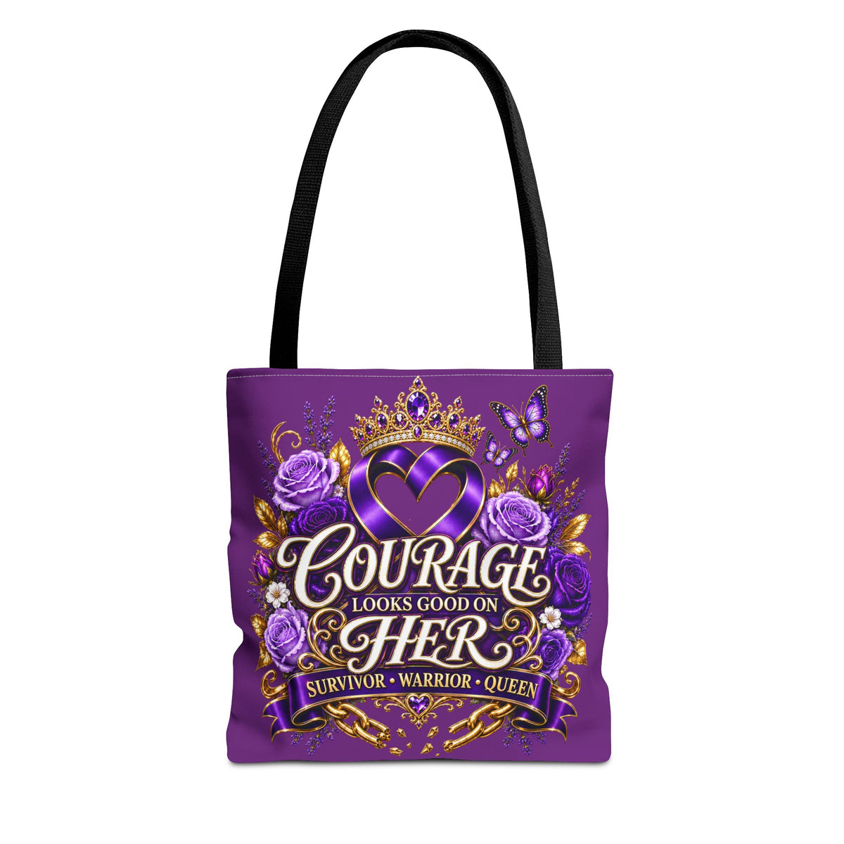 Purple "Courage Looks Good on Her" Survivor Tote Bag — Breast Cancer Awareness, Warrior Queen Gift